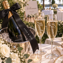 Silkeb�nd med tekst til champagneflaske