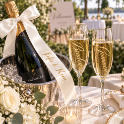 Silkeb�nd med tekst til champagneflaske