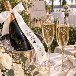 Silkeb�nd med tekst til champagneflaske