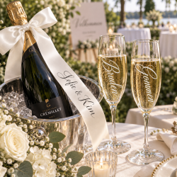 Silkeb�nd med tekst til champagneflaske