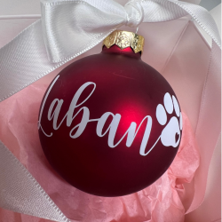 Julekugle i glas, med navn - Leveres med bnd og ske