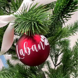 Julekugle i glas, med navn - Leveres med bnd og ske